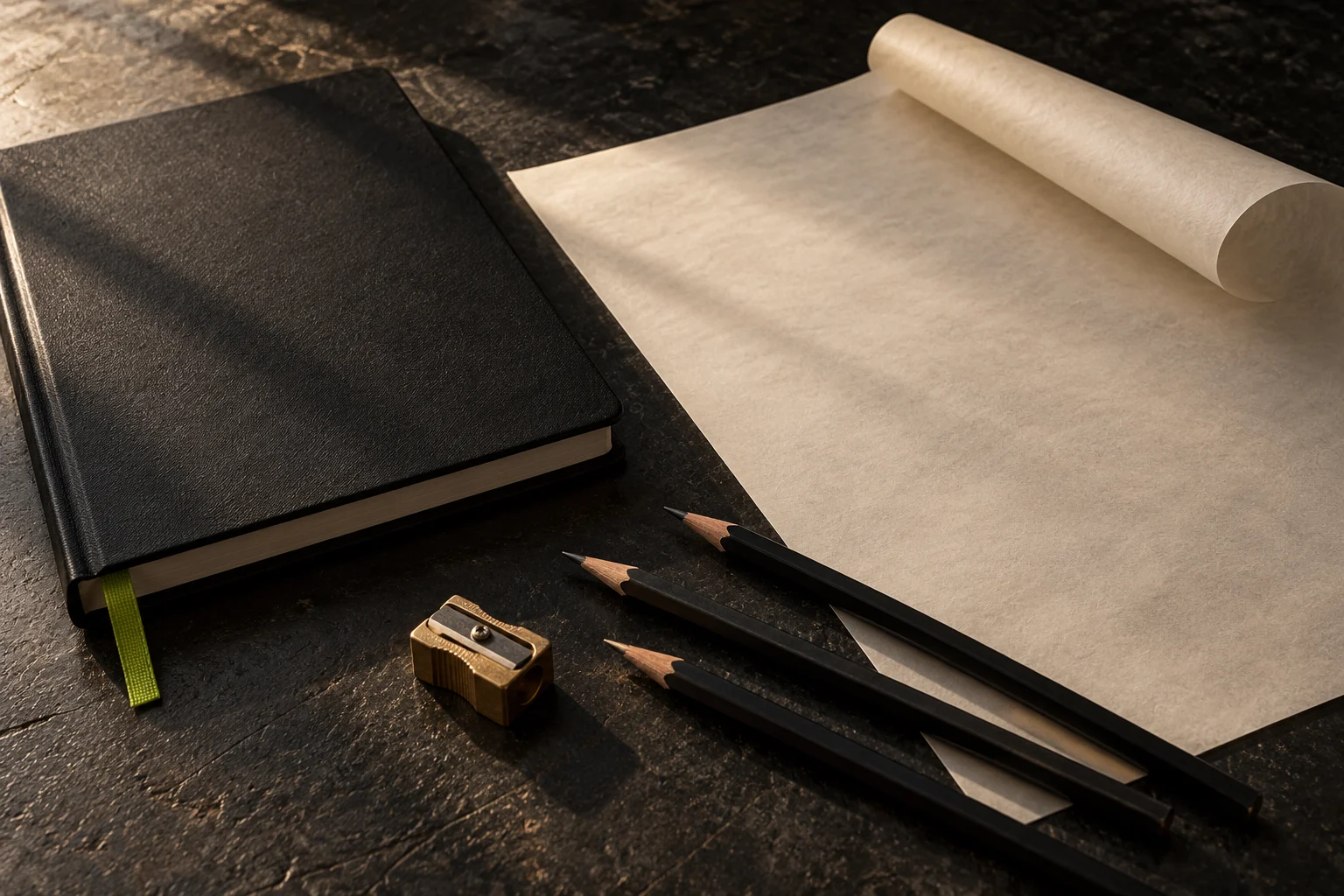 Illustrative blank sketchbook, graphite pencils and tracing paper on a dark desk